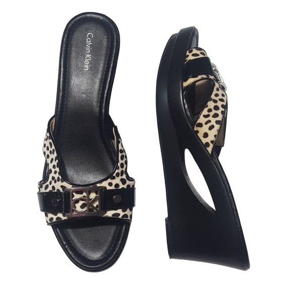 Calvin Klein "Rebah" black white spotted faux calf hair platform cutout wedges - Picture 4 of 8